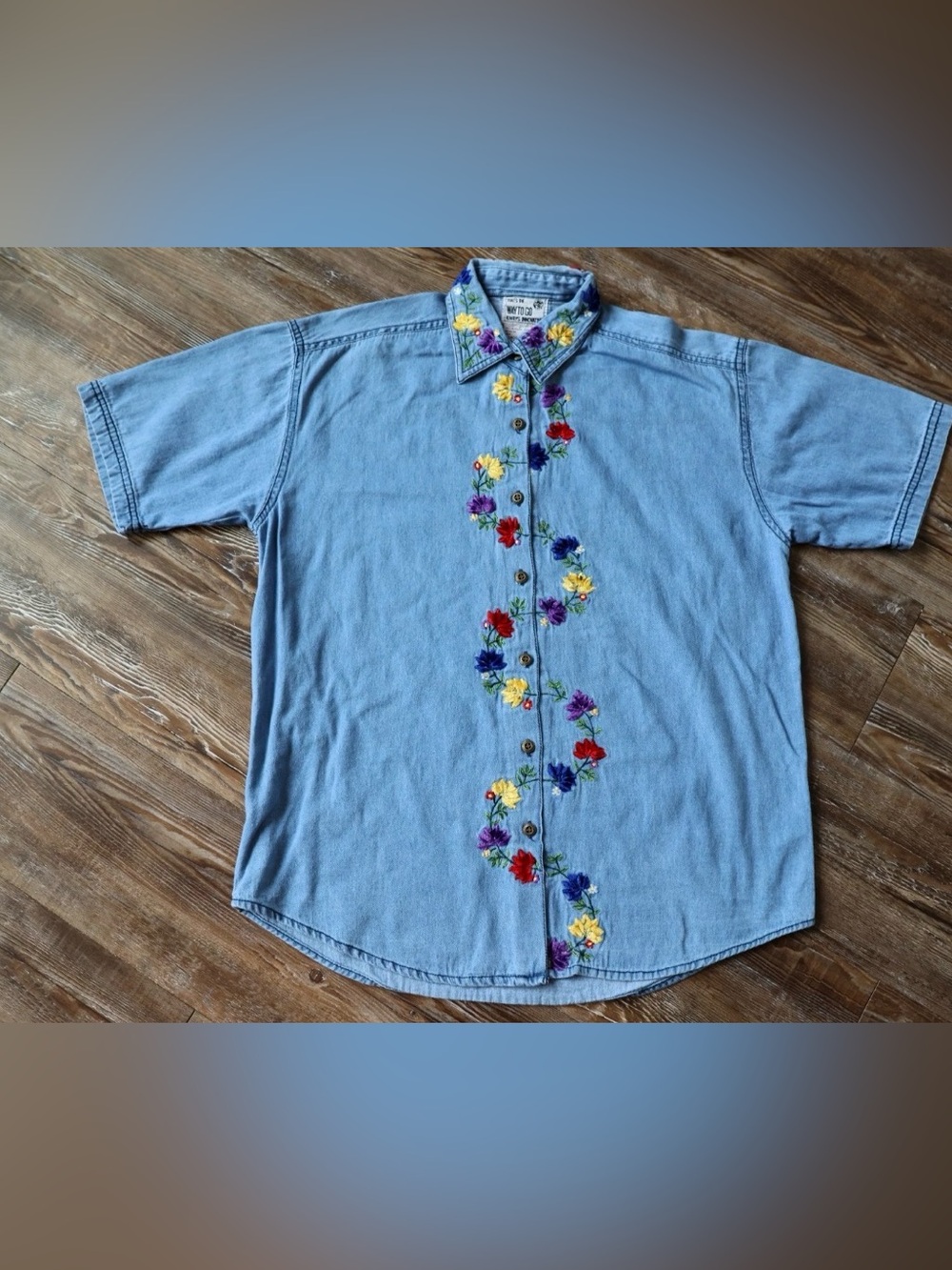 Vintage 90s That’s The Way To Go Floral Embroidered Denim Button Shirt Womens S